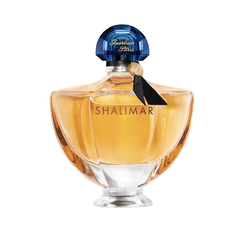 Guerlain Shalimar Eau de Parfum Spray. Flacon bleu et ruban noir. Nom du produit sur le flacon.