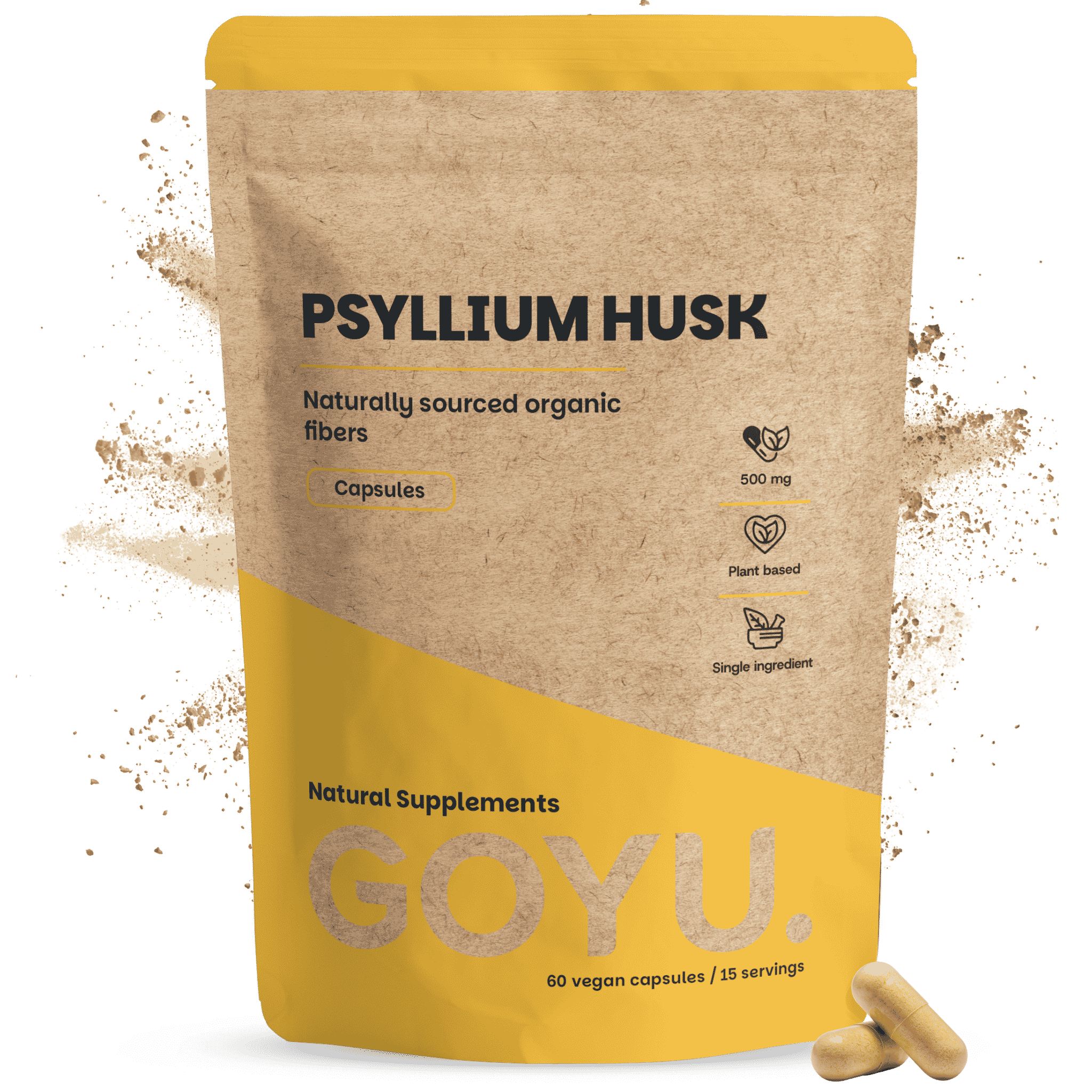 Bruine stand-up pouch met psyllium husk capsules, 60 stuks. Biologisch keurmerk zichtbaar.