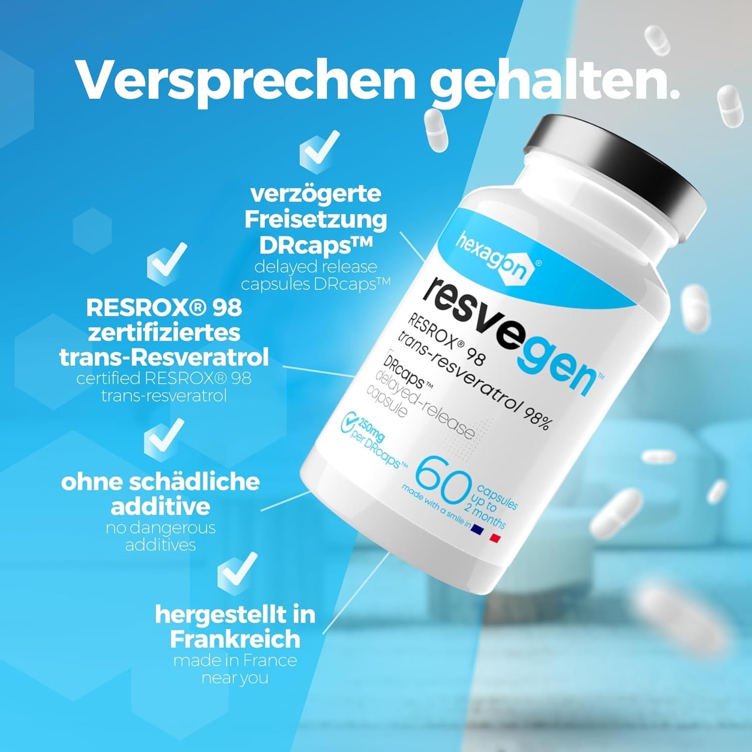 Capsule Hexagon Resveratrol : 60 capsules, 250 mg par DRcaps, libération prolongée. RESROX® 98 certifié.