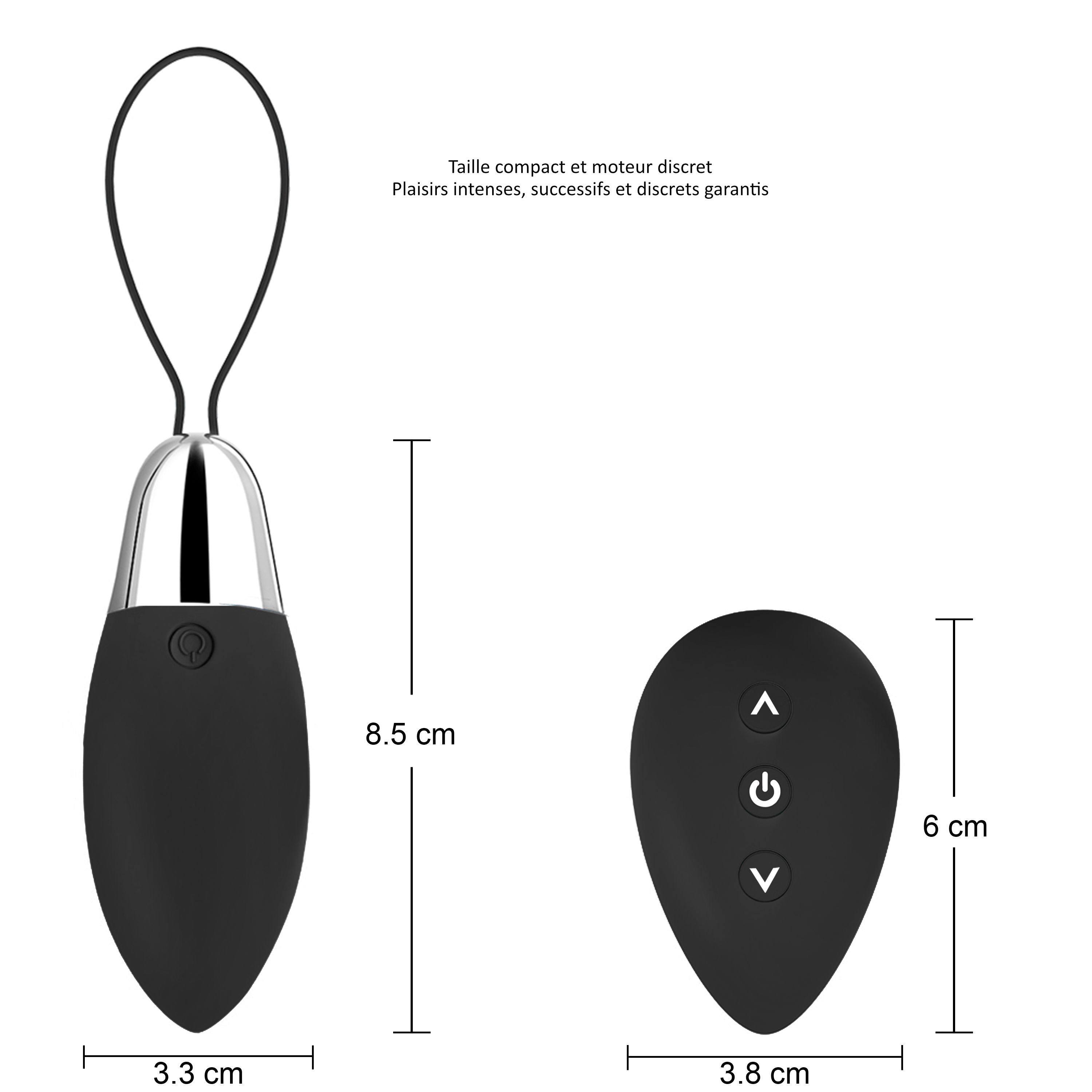 Produit noir ovale avec tête argentée, boucle et télécommande séparée. Dimensions : 8,5 cm, 3,3 cm, 6 cm, 3,8 cm. Texte.