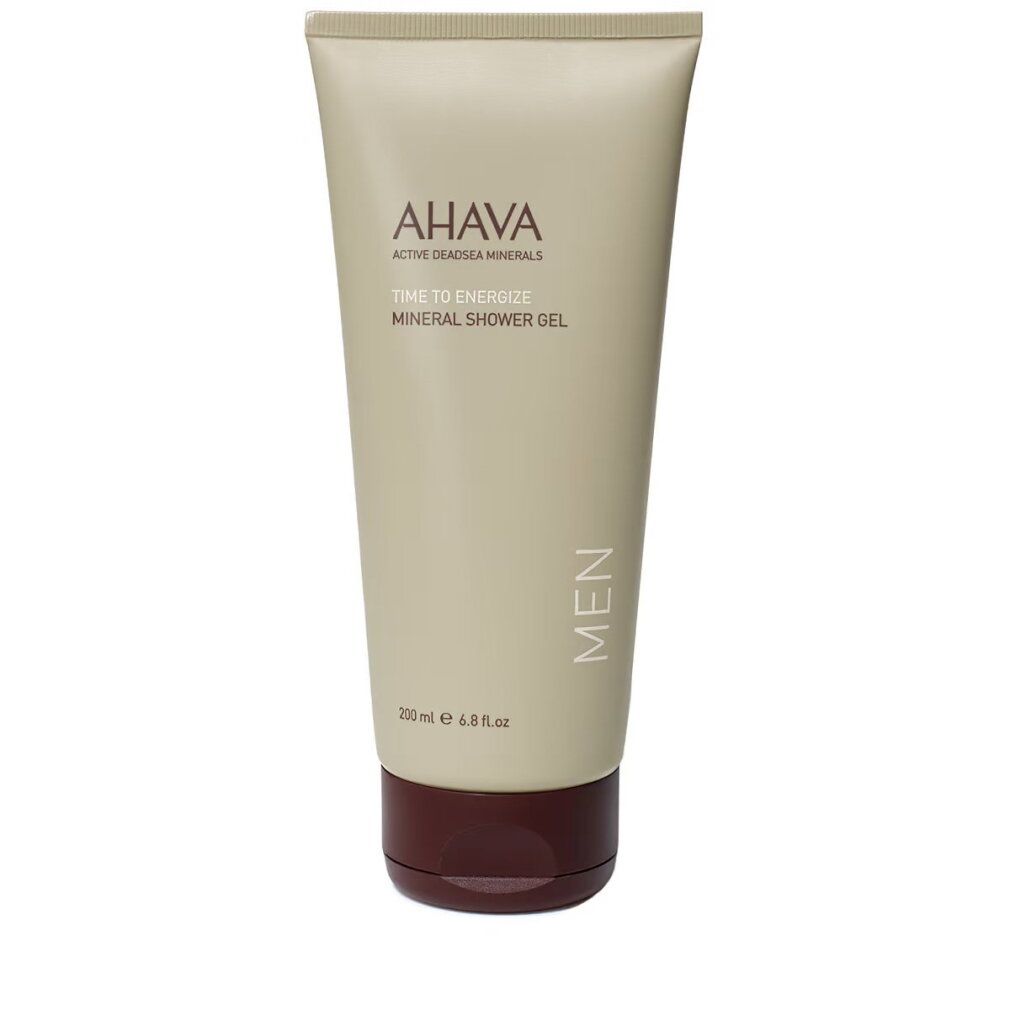 Gel douche Ahava Men dans un tube beige avec bouchon brun foncé. 200 ml.