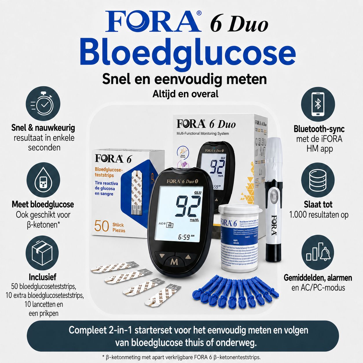 FORA 6 Duo bloedglucosemeter met groot display en eenvoudige bediening.