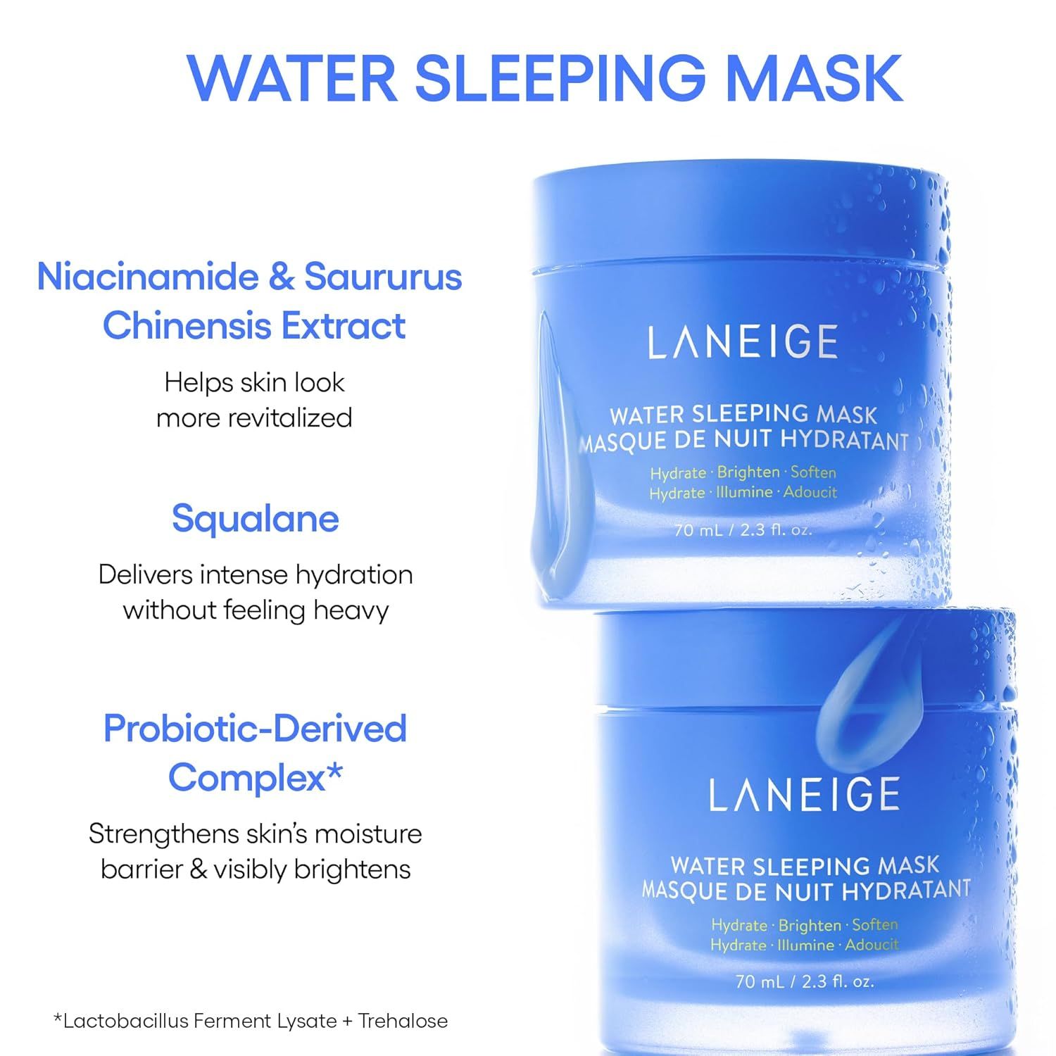Deux pots bleus avec texte blanc: LANEIGE, WATER SLEEPING MASK. Ingrédients: Niacinamide, Squalane, Probiotiques.