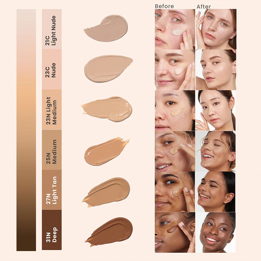 Palette de couleurs et comparaisons avant/après des teints BB Moringa Ceramide.