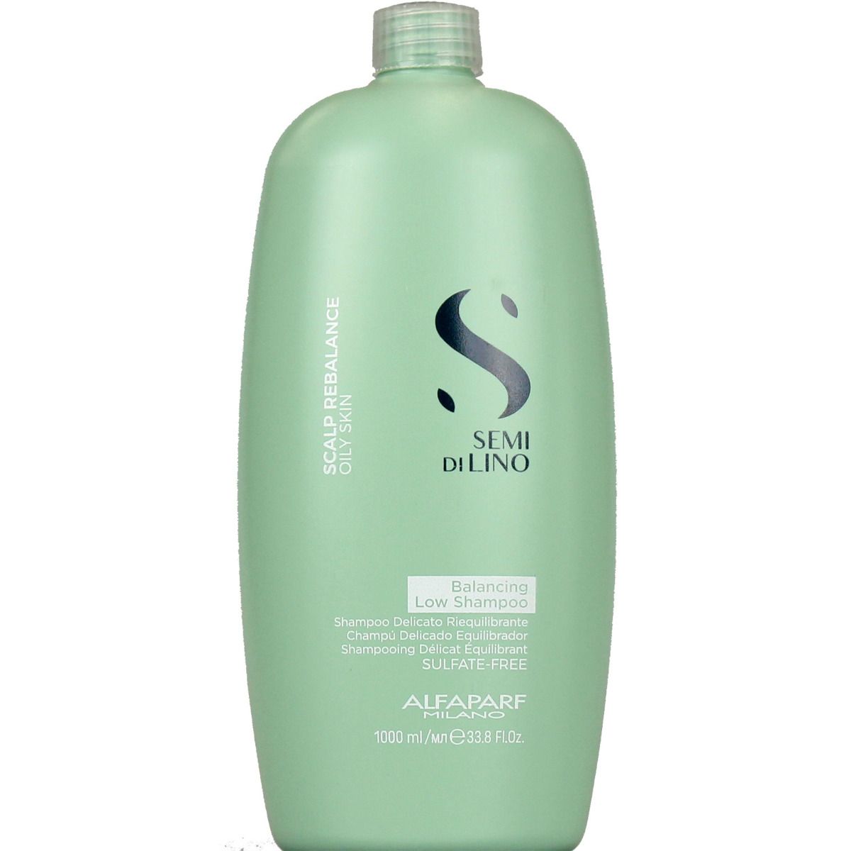 Grote licht mintgroene fles. Semi Di Lino Balancing Low Shampoo, 1000 ml.