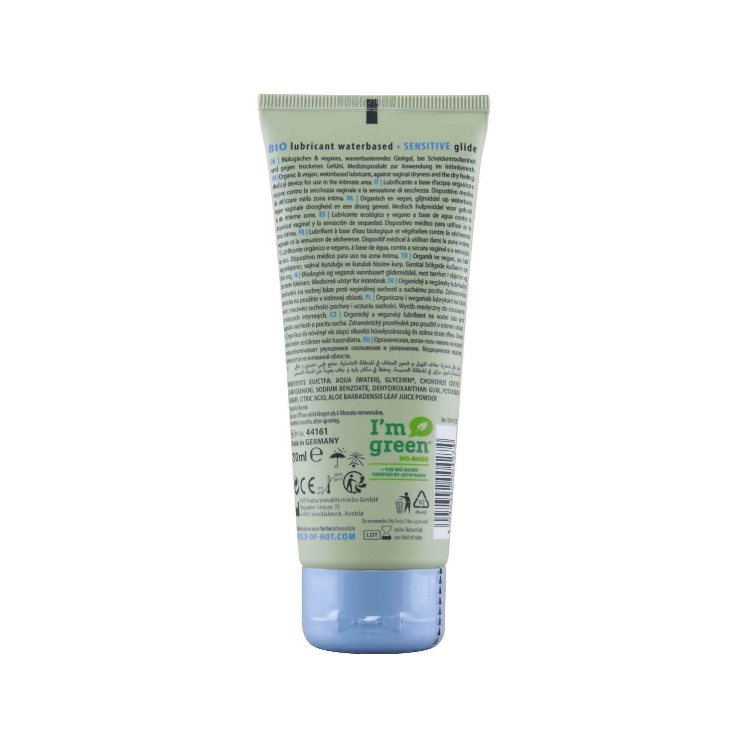 Achterkant van de BIO Sensitive glijmiddel tube. Bevat ingrediënten en keurmerken.