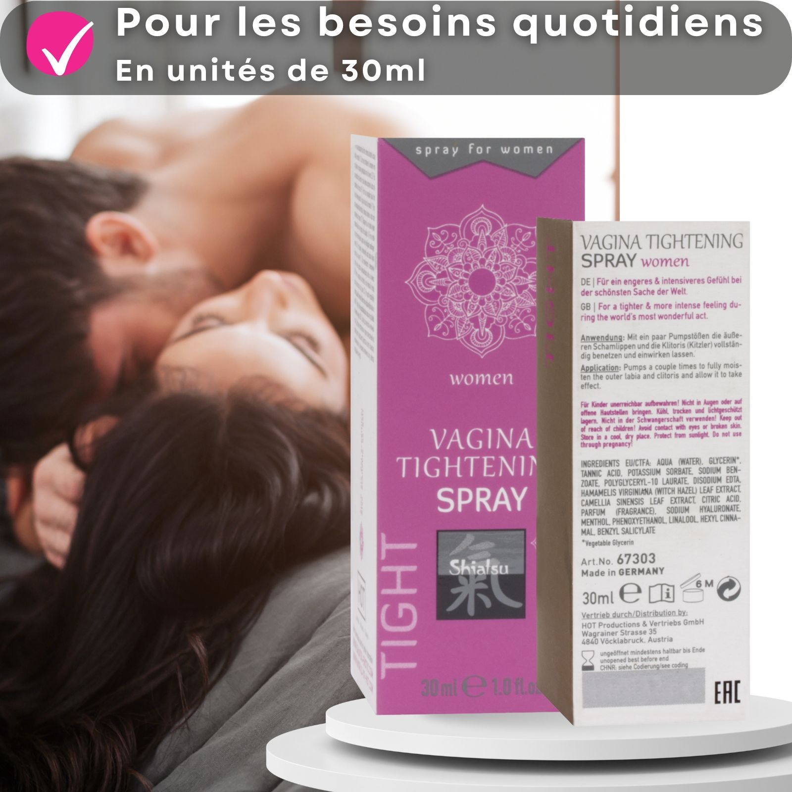 Flacon spray doré et emballage. Texte : Vagina Tightening Spray. 30ml. Avec un couple.