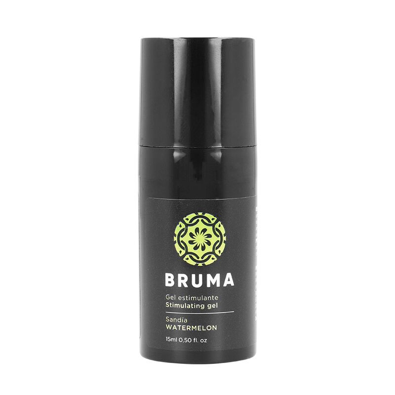 Bruma Stimulerende Gel, 15ml, watermeloen, in een zwarte fles met dispenser.