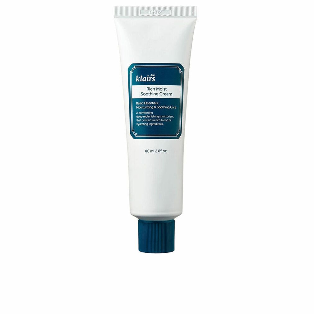 Witte tube met blauwe dop en etiket. Op het etiket staat "klairs Rich Moist Soothing Cream".