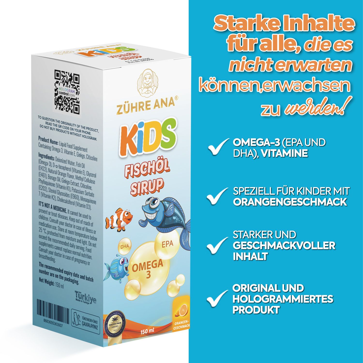 Zühre Ana Kids Fischöl Sirup doos met gedetailleerde inhoud en productkenmerken.
