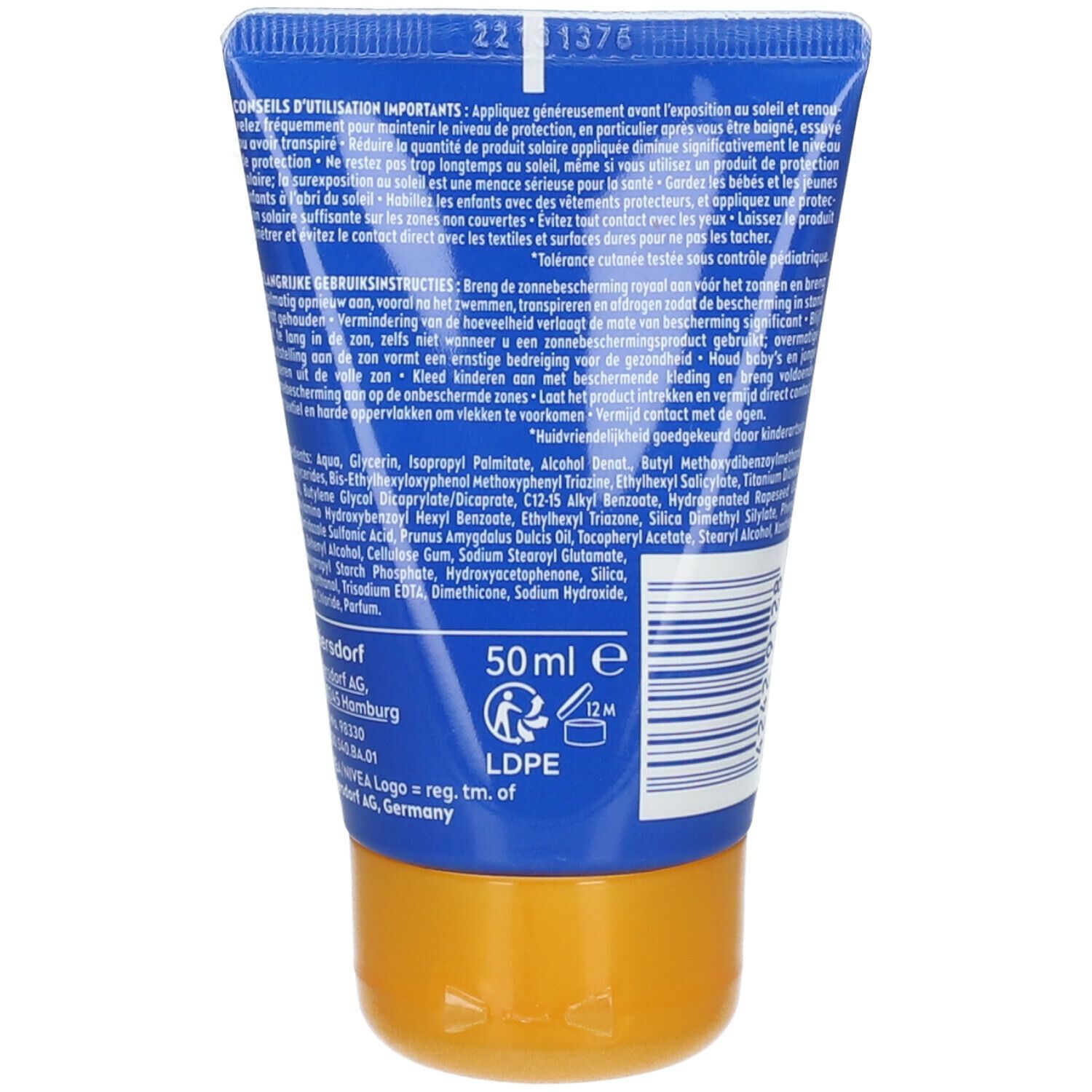 Dos du tube bleu NIVEA Sun Kids To Go. Ingrédients et conseils d'utilisation. 50ml.