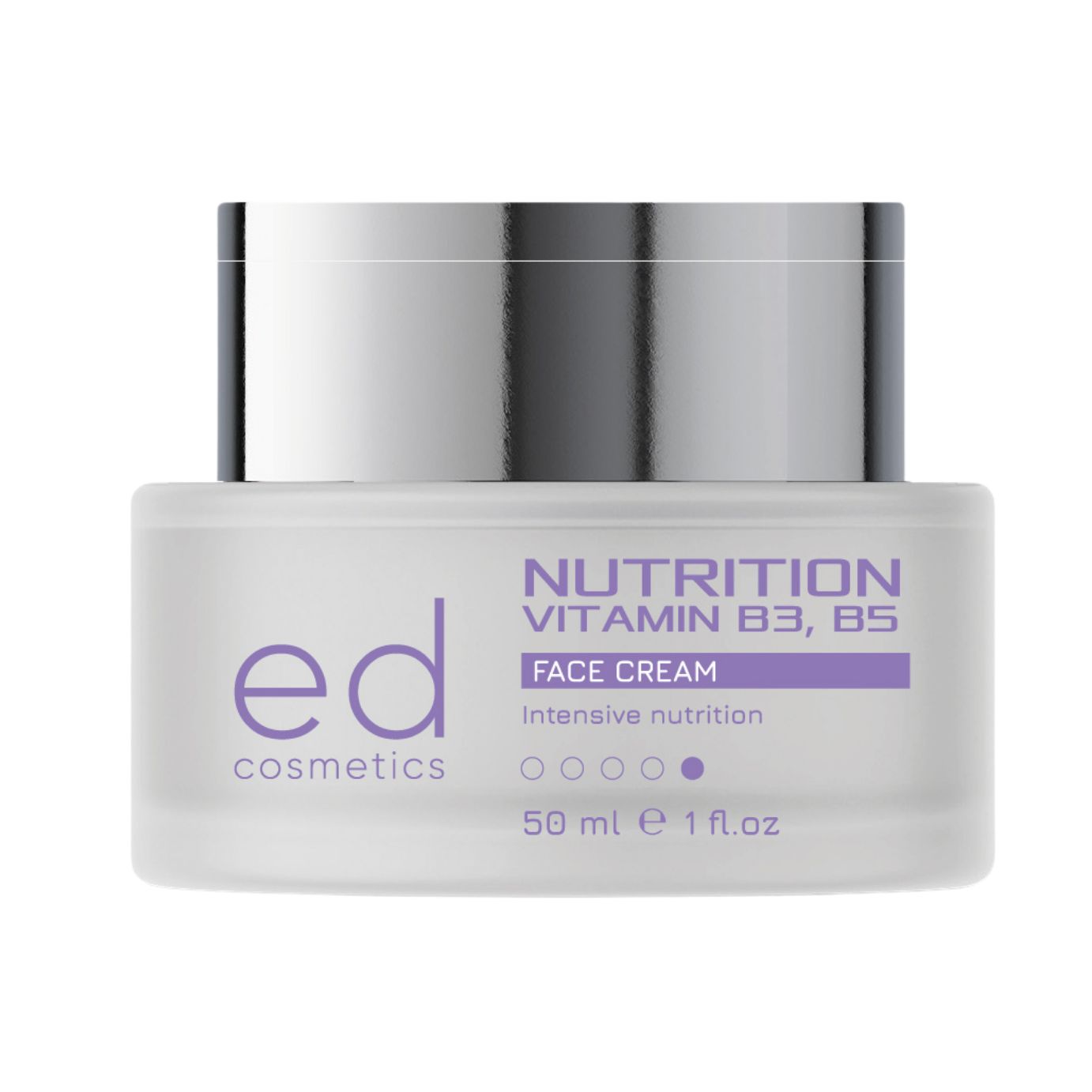 Pot de crème avec couvercle argenté. Inscription : "ed cosmetics", "NUTRITION VITAMIN B3, B5 FACE CREAM".