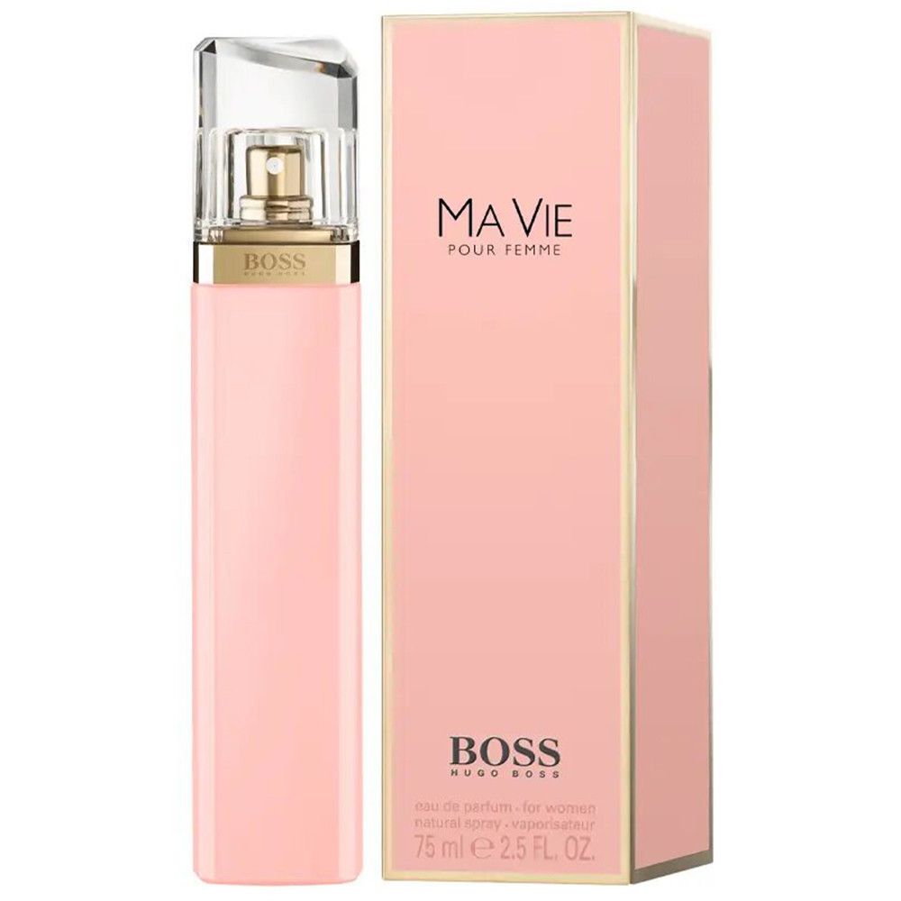 Flacon rose et emballage de HUGO BOSS Ma Vie. Flacon avec vaporisateur. Emballage avec nom du produit et logo.