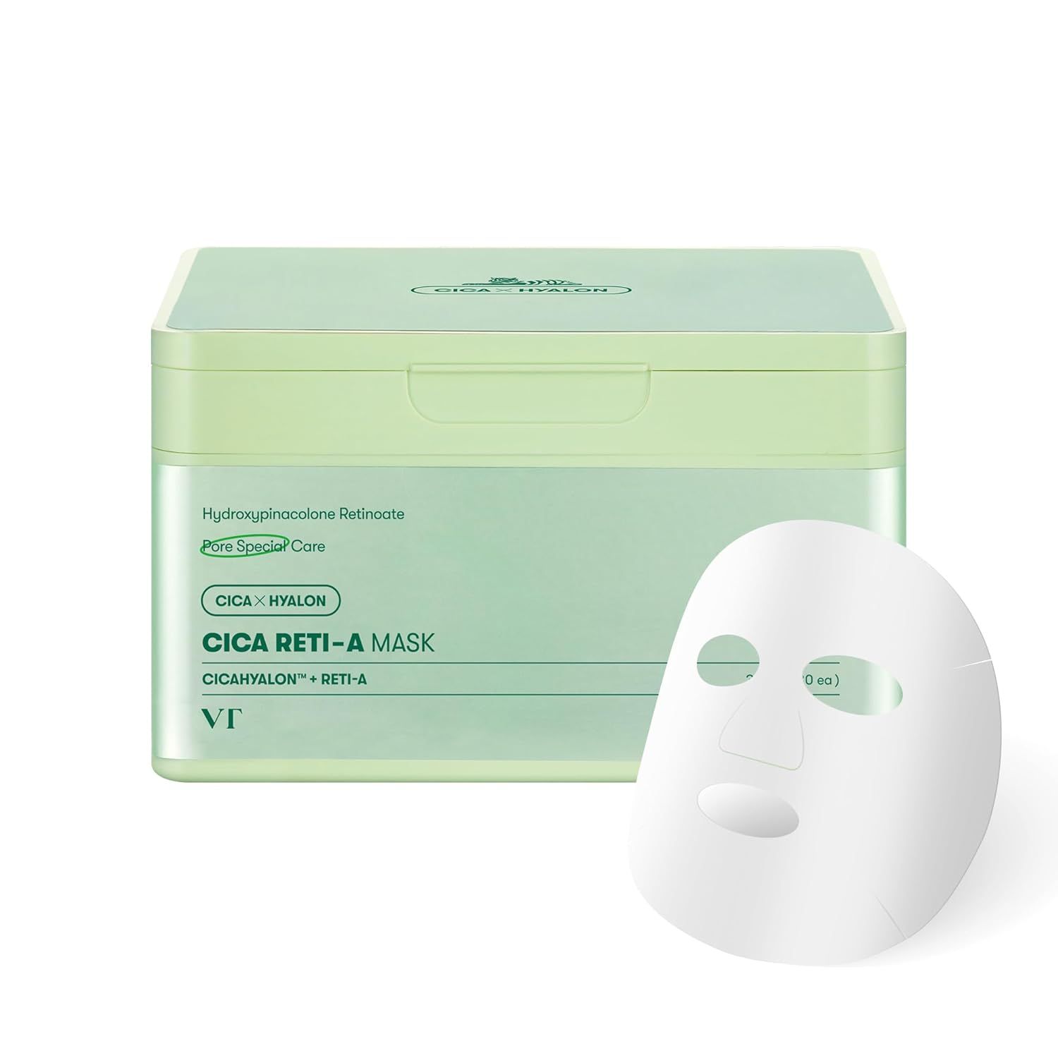 Emballage vert et masque. Texte : CICA RETI-A MASK. Masque avec ouvertures pour les yeux, le nez et la bouche. Couleur blanche.