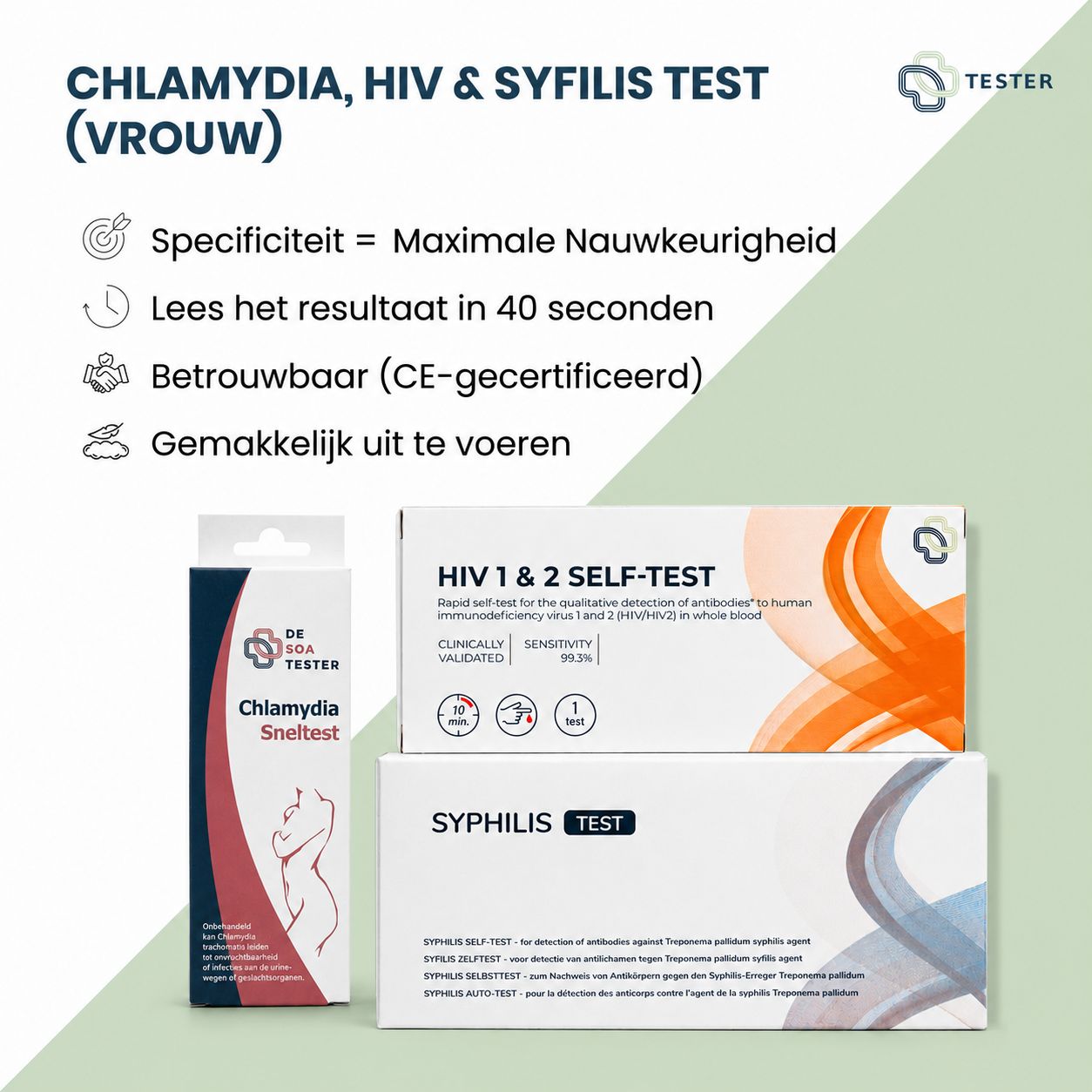 Drie zelftests voor vrouwen: chlamydia, hiv, syfilis. CE-gecertificeerd, resultaat in 40 sec.
