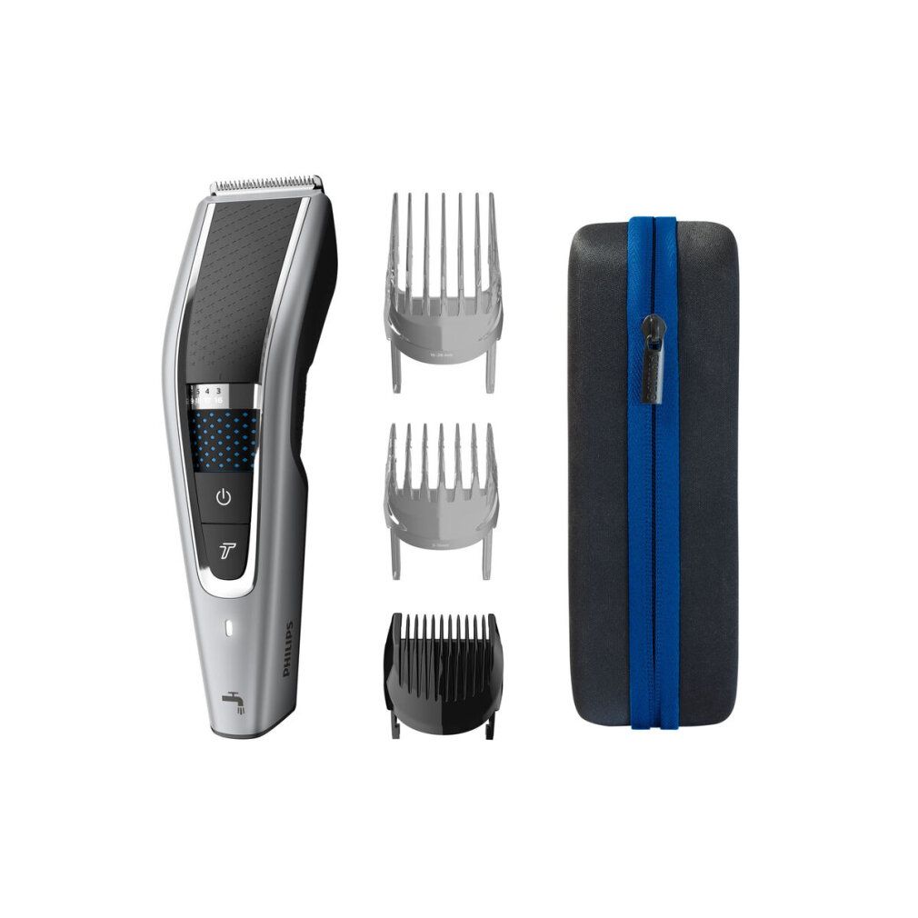 Tondeuse à cheveux Philips Series 5000 avec sabots et étui de rangement.