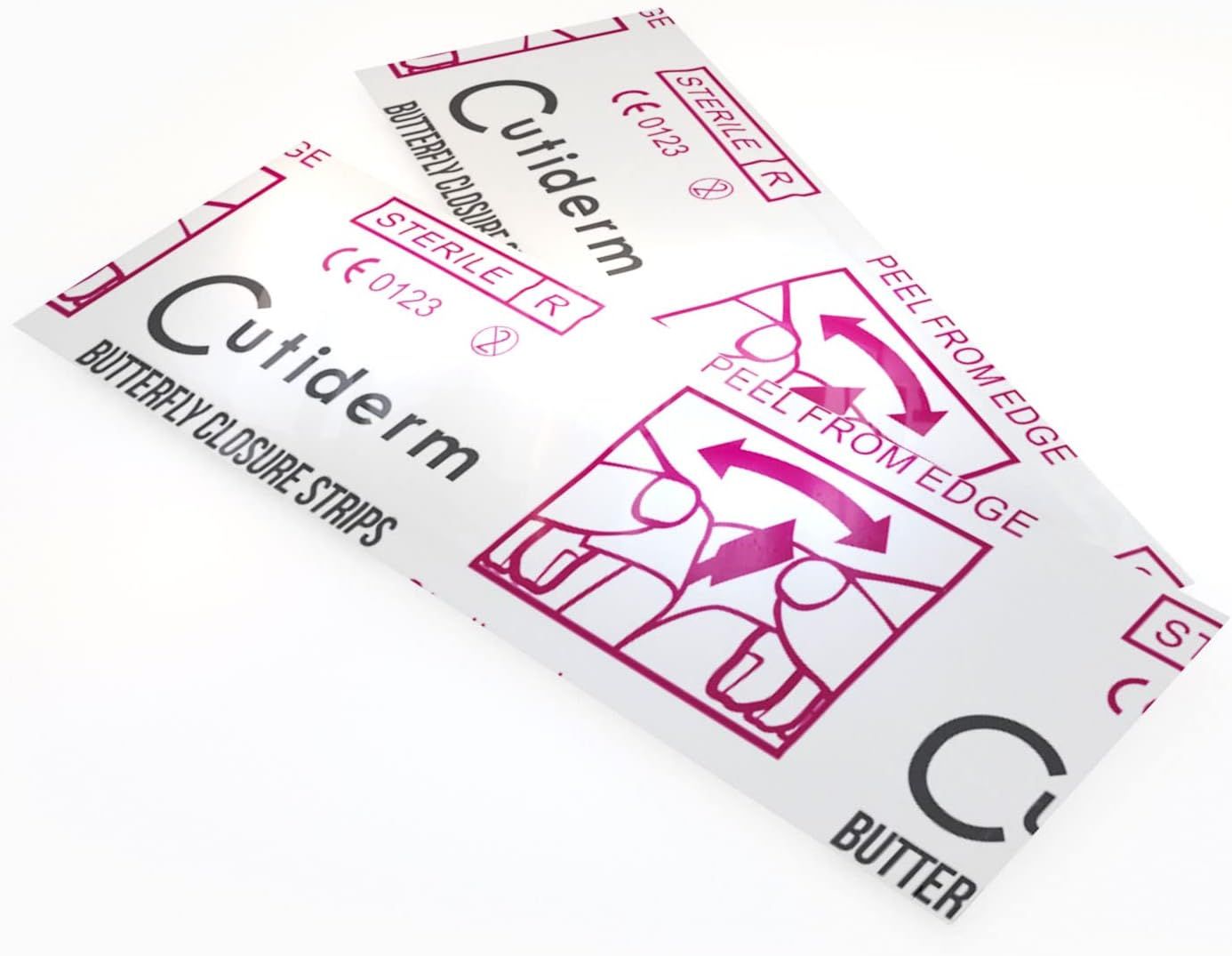 Twee steriele pakjes Cutiderm vlindernaadstrips, met aanwijzingen voor gebruik.