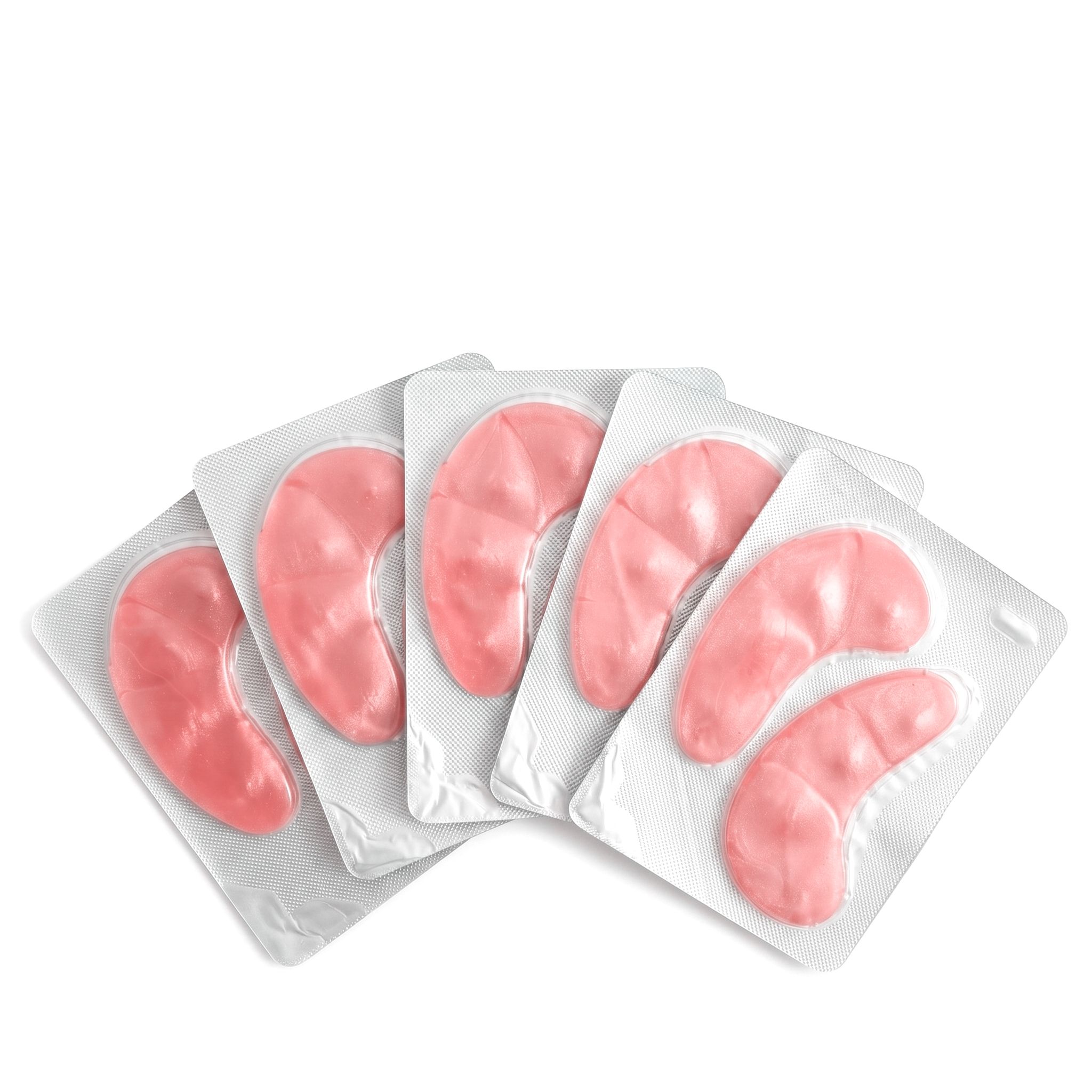 Vijf individuele verpakkingen met roze hydrogel oogpads, elk twee pads.