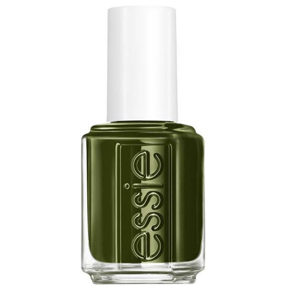 Nagellakfles met groene lak en witte dop. Essie-logo op de voorkant. Transparante glazen fles.