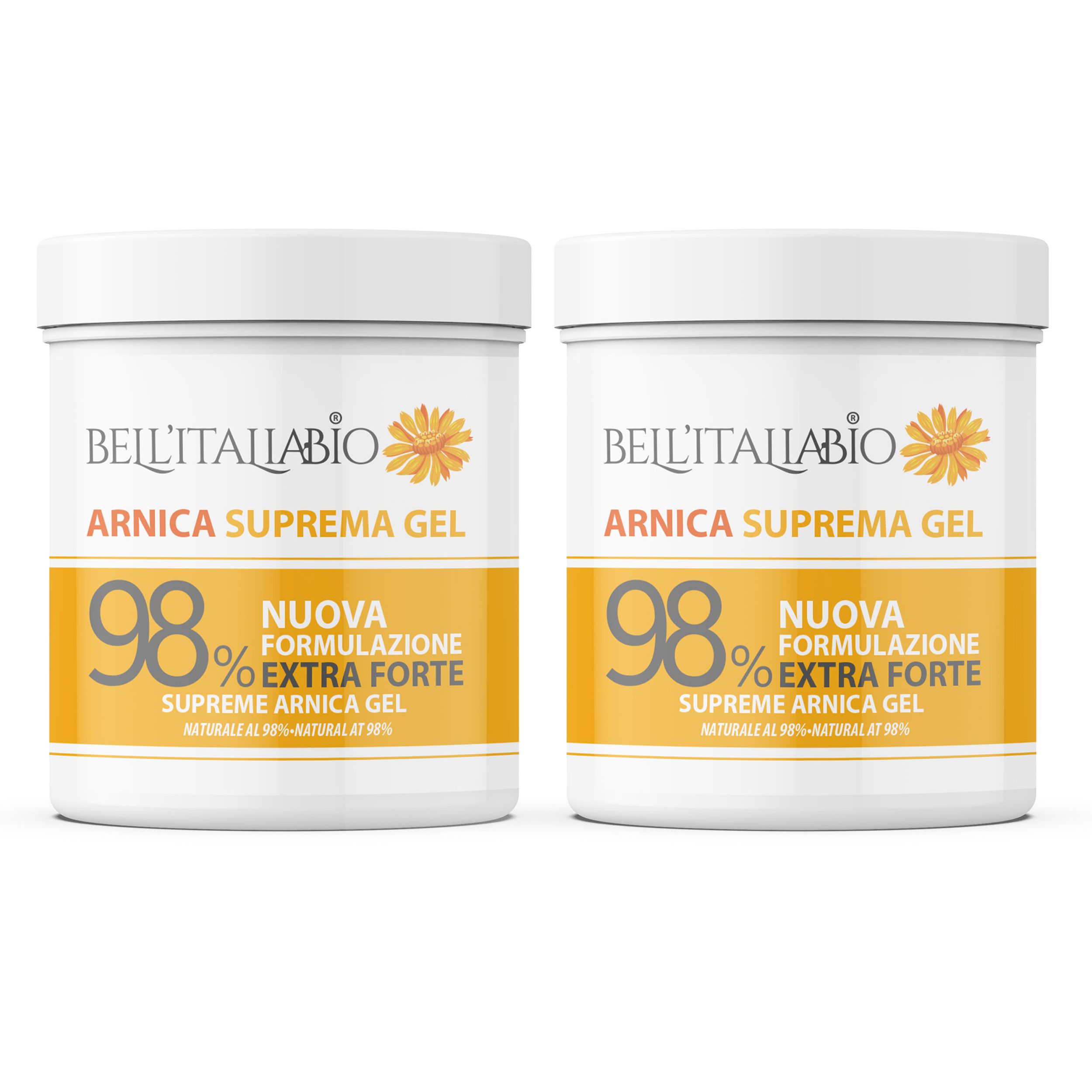 Twee witte potten met gele etiketten. Opschrift: Bell'Italiabio Arnica Supreme Gel, 98% Extra Forte. Bloemenlogo.