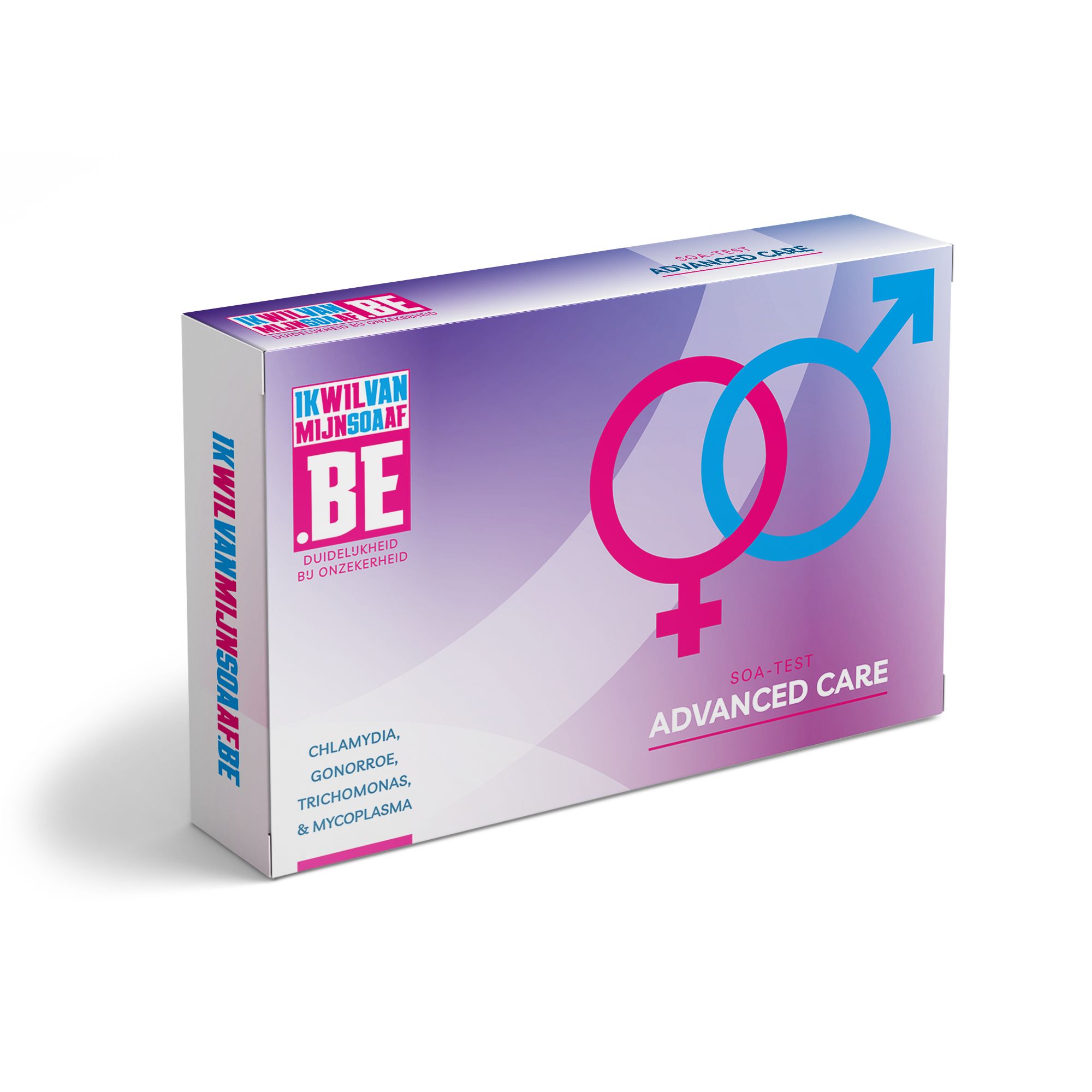 Boîte avec symboles de genre et texte: Advanced Care. Informations sur Chlamydia, Gonorrhée, Trichomonas et Mycoplasma.