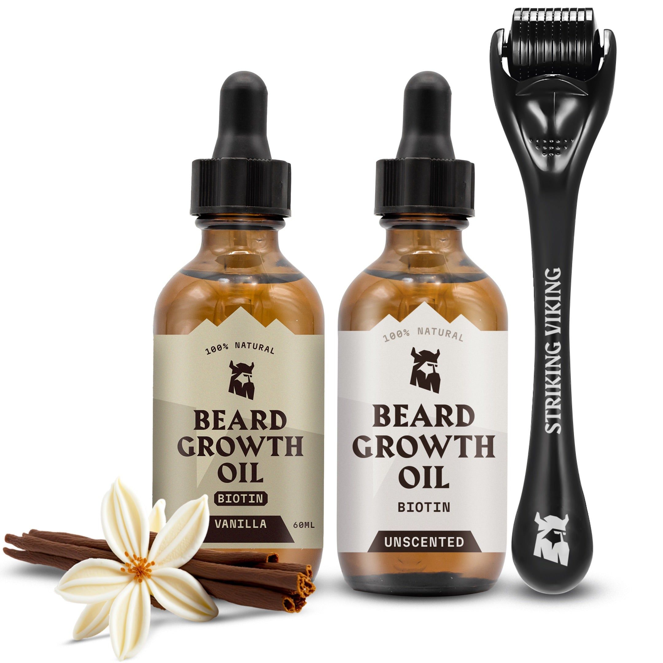 Striking Viking Vanille & Geurloze Baardgroeiolie + Derma Roller Bundel