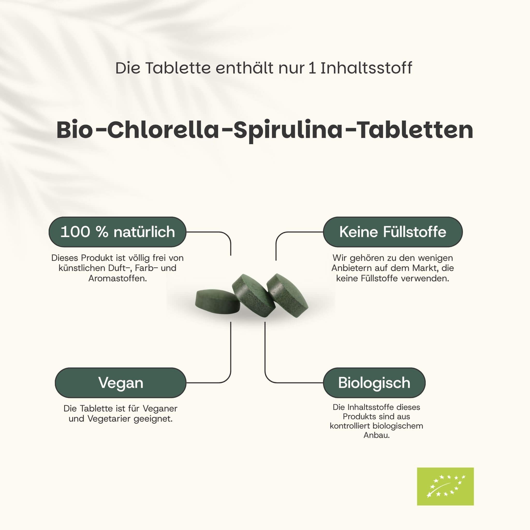 Trois comprimés verts de Bio-Chlorella-Spiruline, 100% naturels, végétaliens, sans additifs, biologiques.