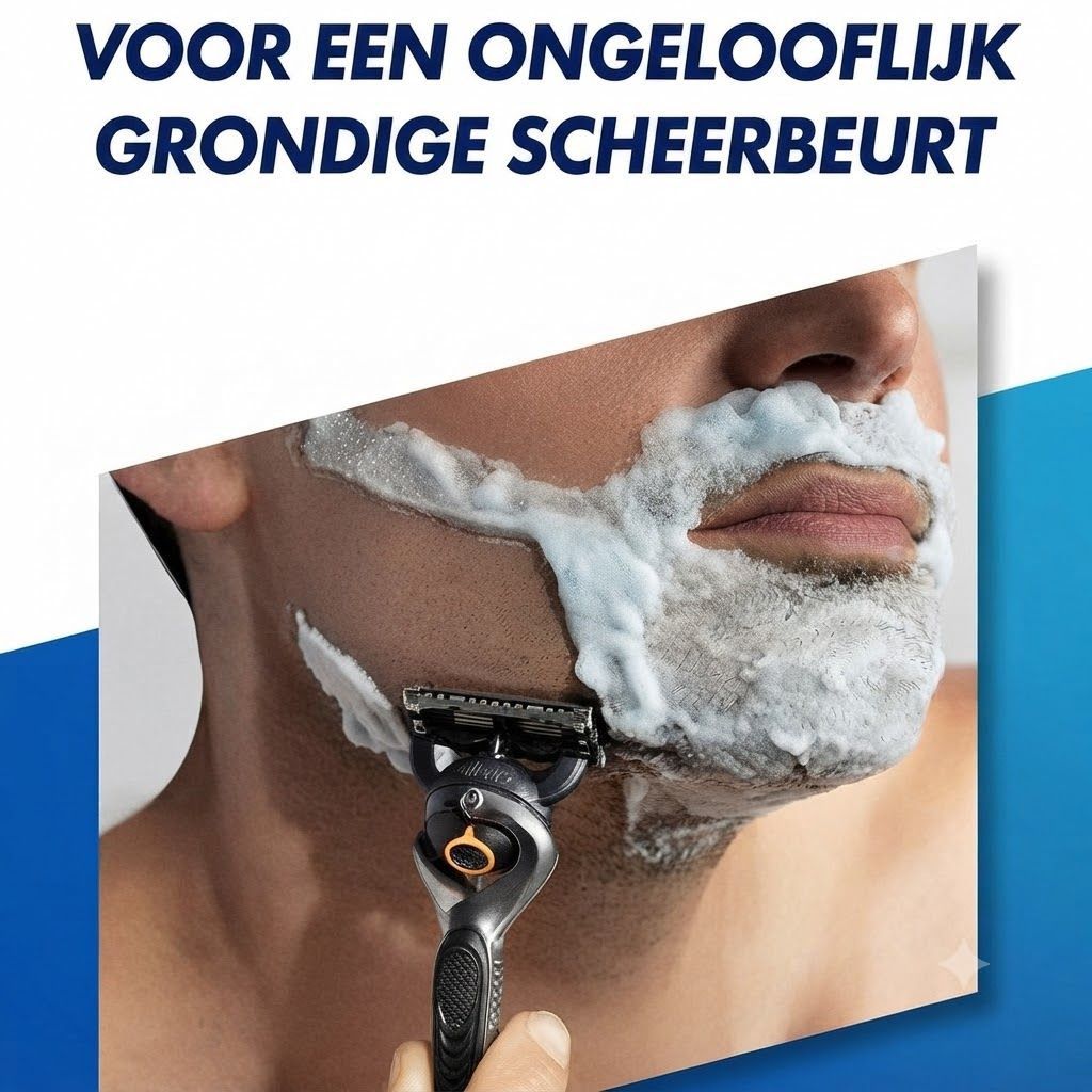 Een man scheert zijn gezicht met een scheermes en scheerschuim.
