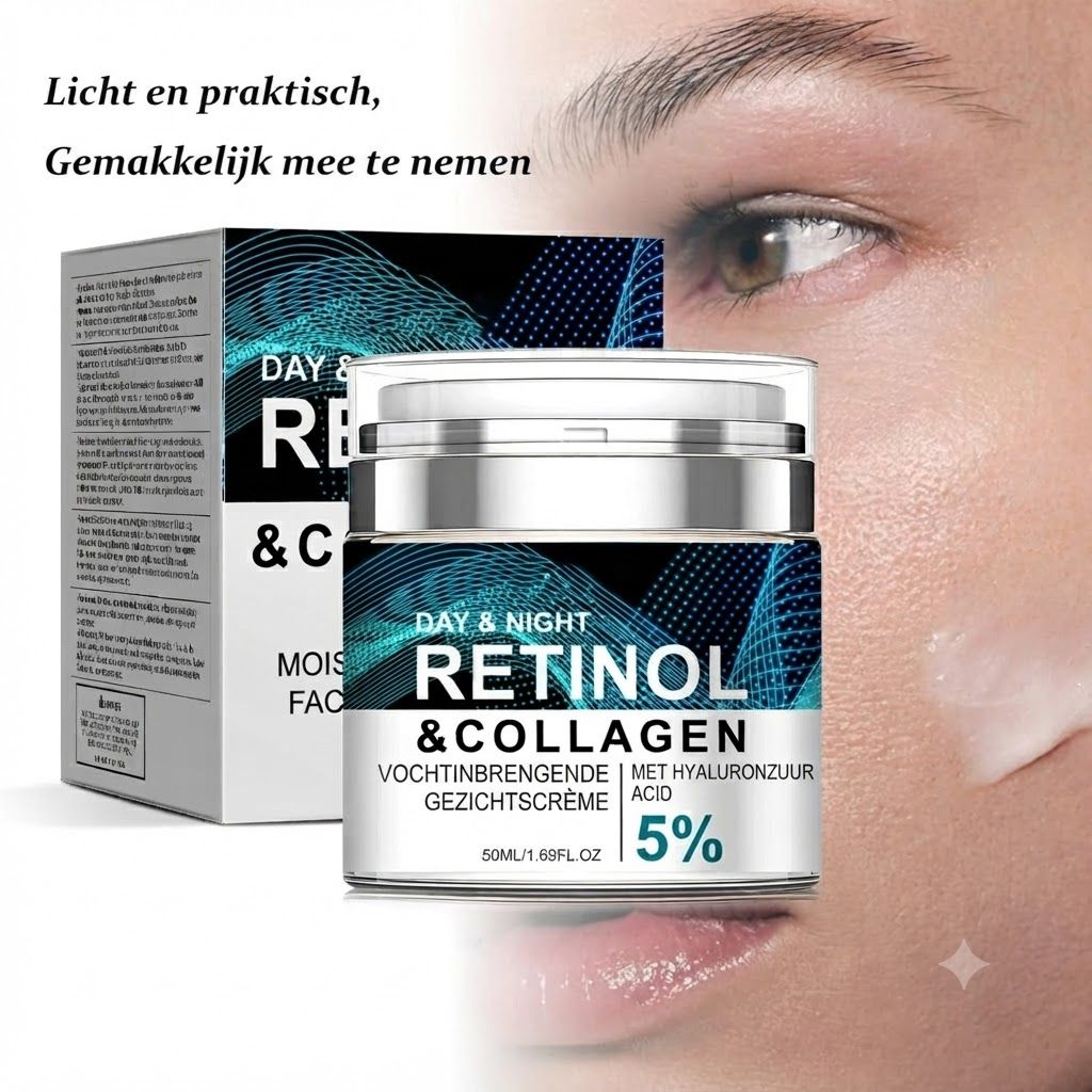 Crème pot met retinol & collageen, 50ml, met hyaluronzuur. Doos ernaast.