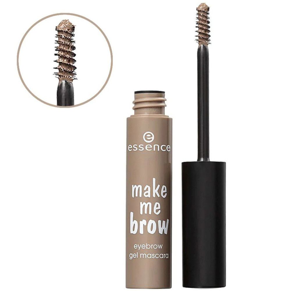 Mascara gel pour sourcils avec brosse. Tube beige et bouchon noir. Inscription: make me brow, eyebrow gel mascara. Vue détaillée de la brosse.