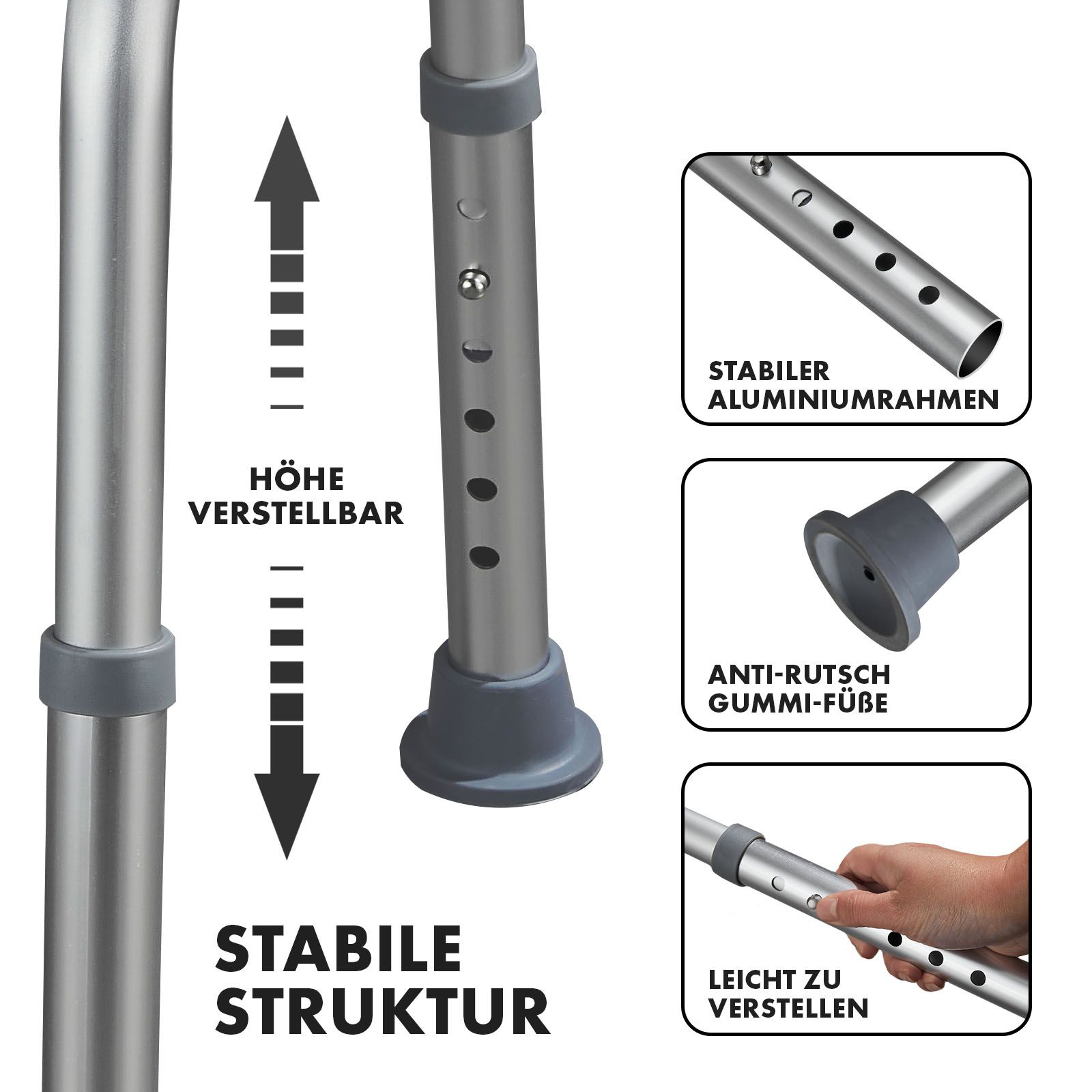 Détails du tabouret de douche : réglable en hauteur, structure stable, cadre en aluminium, pieds en caoutchouc antidérapants.
