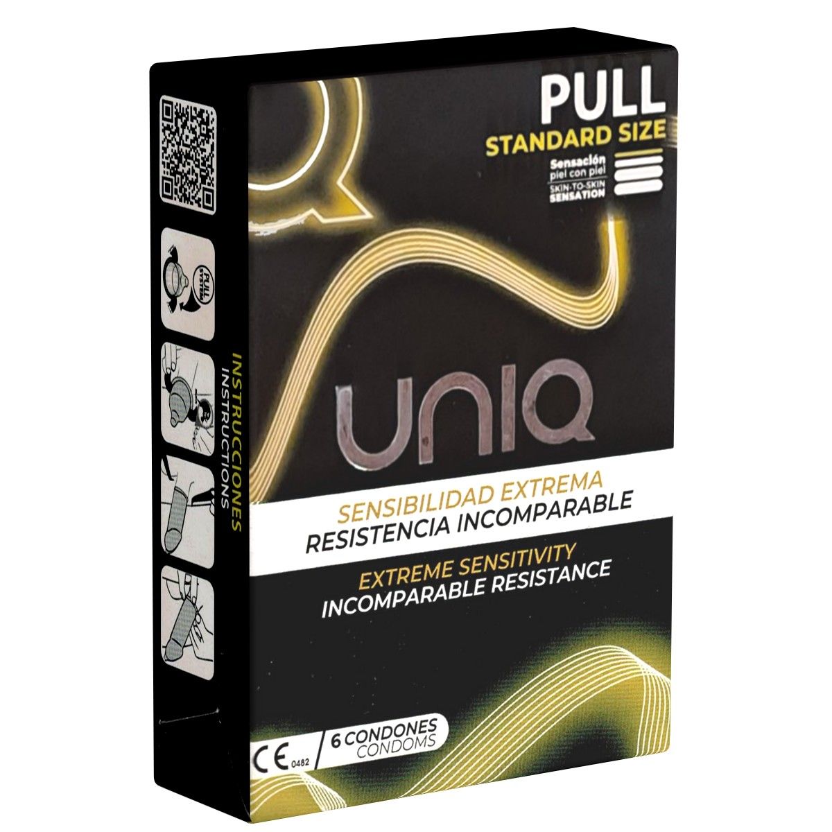 Boîte noire de préservatifs UNIQ. Inscription : Sensibilité extrême, 6 préservatifs. Marquage CE.