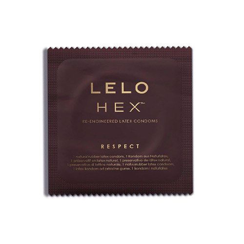Boîte marron avec motif hexagonal doré. Inscription : LELO HEX, XL, 12 préservatifs.
