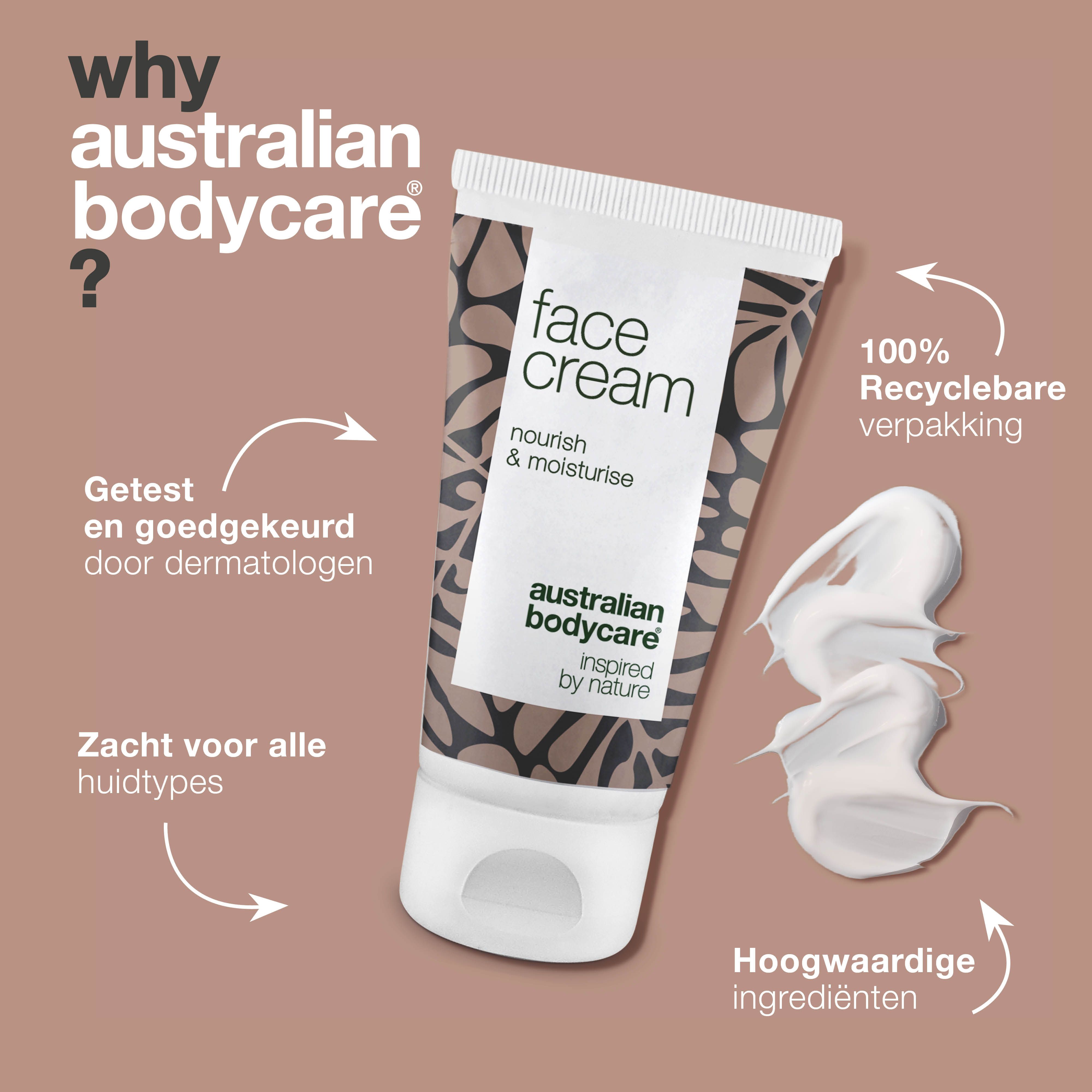 Tube met tekst: face cream. Merk: Australian Bodycare. Tekst: Waarom Australian Bodycare? Daarnaast: crème.