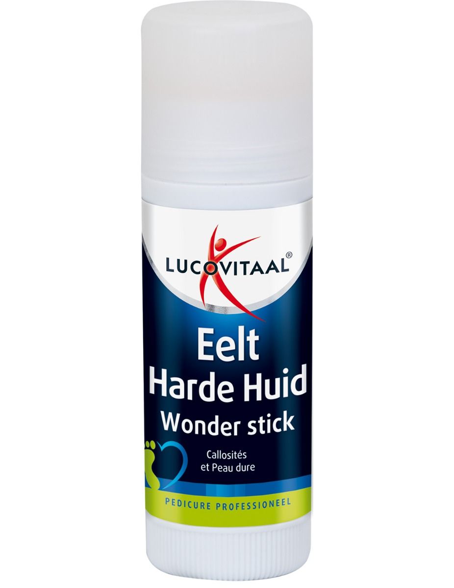 Cilindrische stick met witte dop. Blauw en wit etiket met productnaam en logo. Tekst: Eelt Harde Huid Wonder stick.