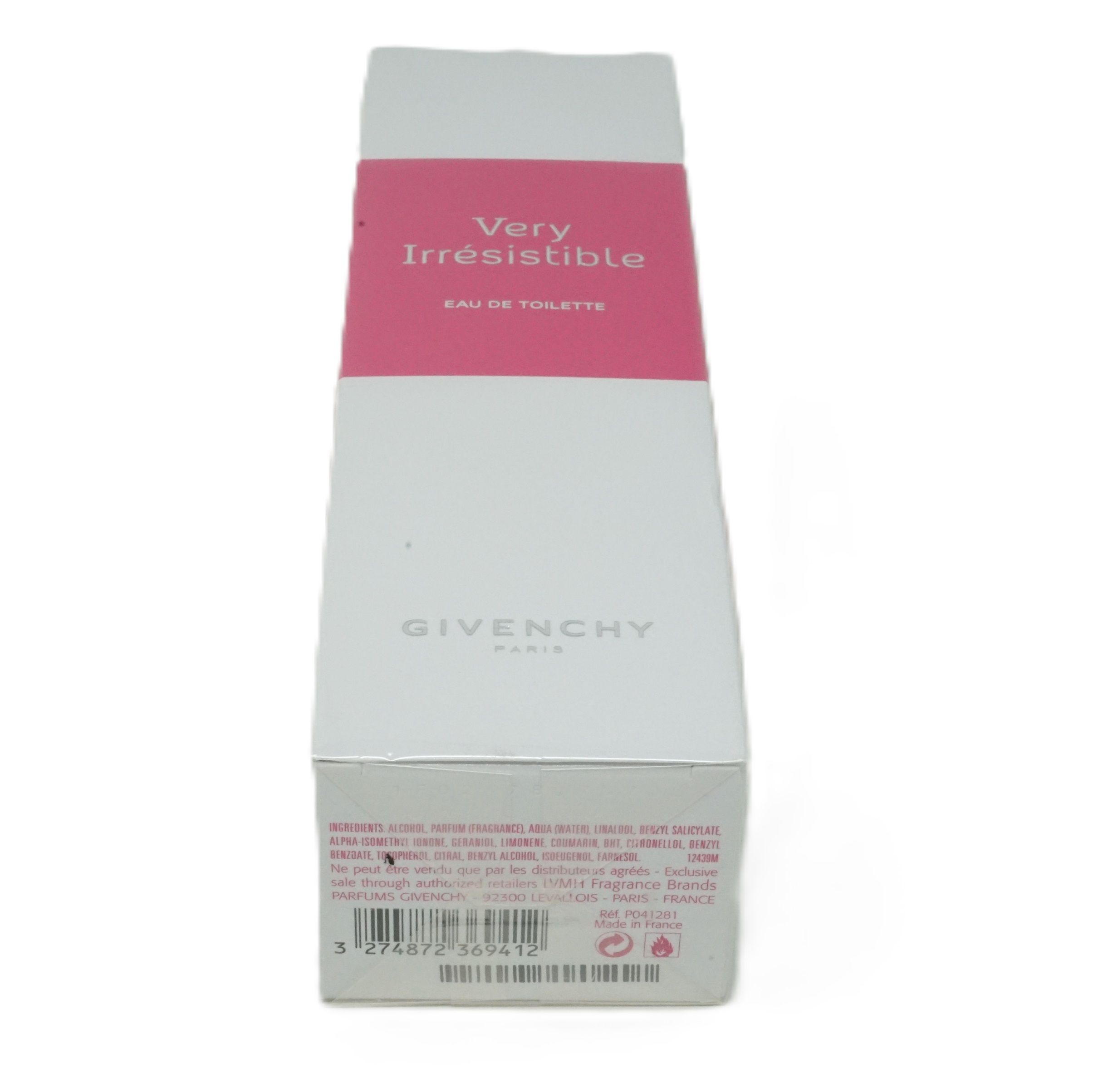 Witte doos met roze band. Opschrift: Very Irrésistible, Eau de Toilette, Givenchy. Barcode en ingrediënten.