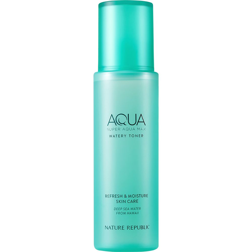 Flacon Aqua Watery Toner, bouchon turquoise. Inscriptions: Aqua Watery Toner, Refresh & Moisture Skin Care, Nature Republic.