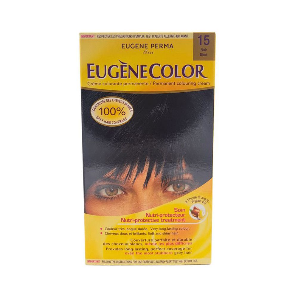 Boîte de coloration capillaire Eugène Color. Inscription : Couverture 100% des cheveux blancs. Image d'yeux et de cheveux.
