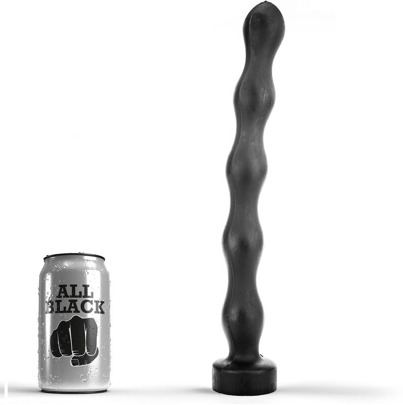 Zwarte anale plug met stapsgewijs ontwerp en brede basis, naast een blikje.