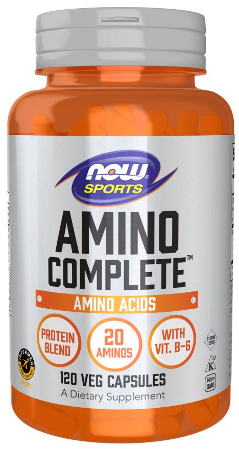 Flacon orange avec bouchon blanc. Inscription: NOW SPORTS Amino Complete, 120 gélules végétales. Contient 20 acides aminés et vitamine B-6.