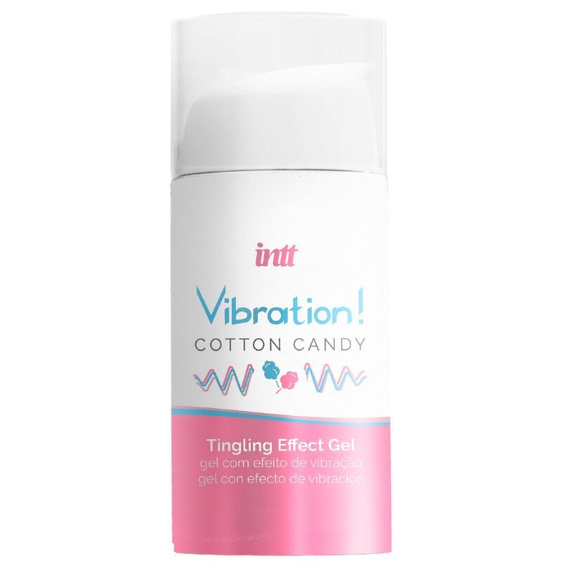 Wit-roze fles met tekst: Vibration! Cotton Candy Tingling Effect Gel. Met doseerpomp.