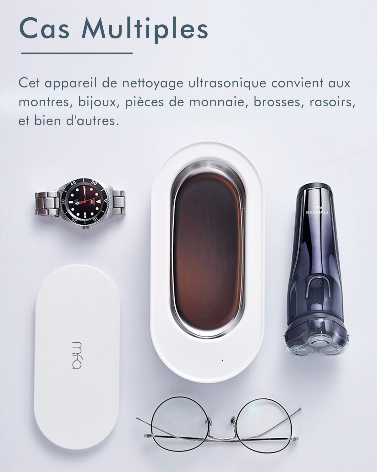 Nettoyeur à ultrasons avec accessoires. Montre, lunettes, rasoir, bijoux, appareil.