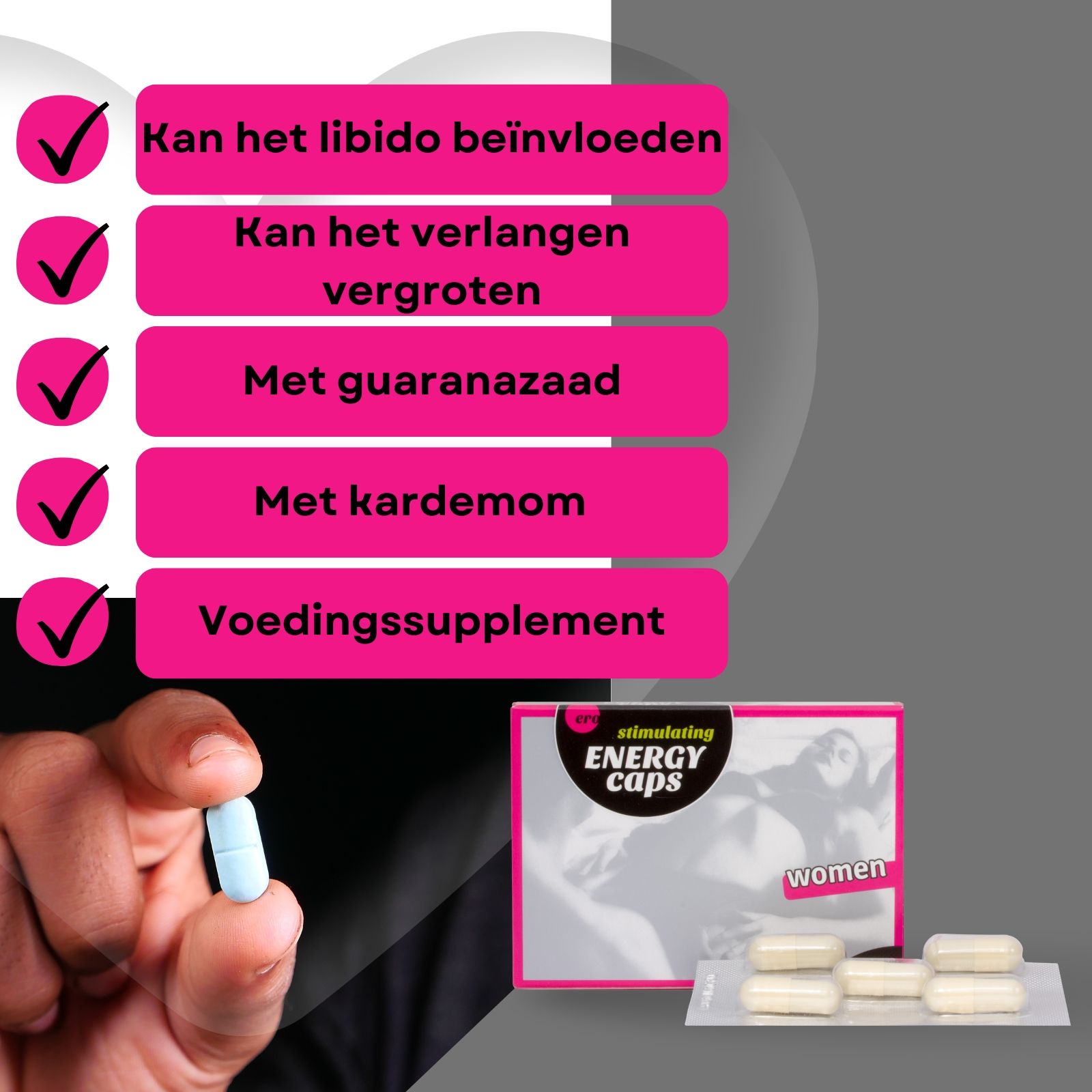 Roze verpakking met tekst 'Ero' en 'Energy Caps'. Blisterverpakking met capsules. Product voor vrouwen.