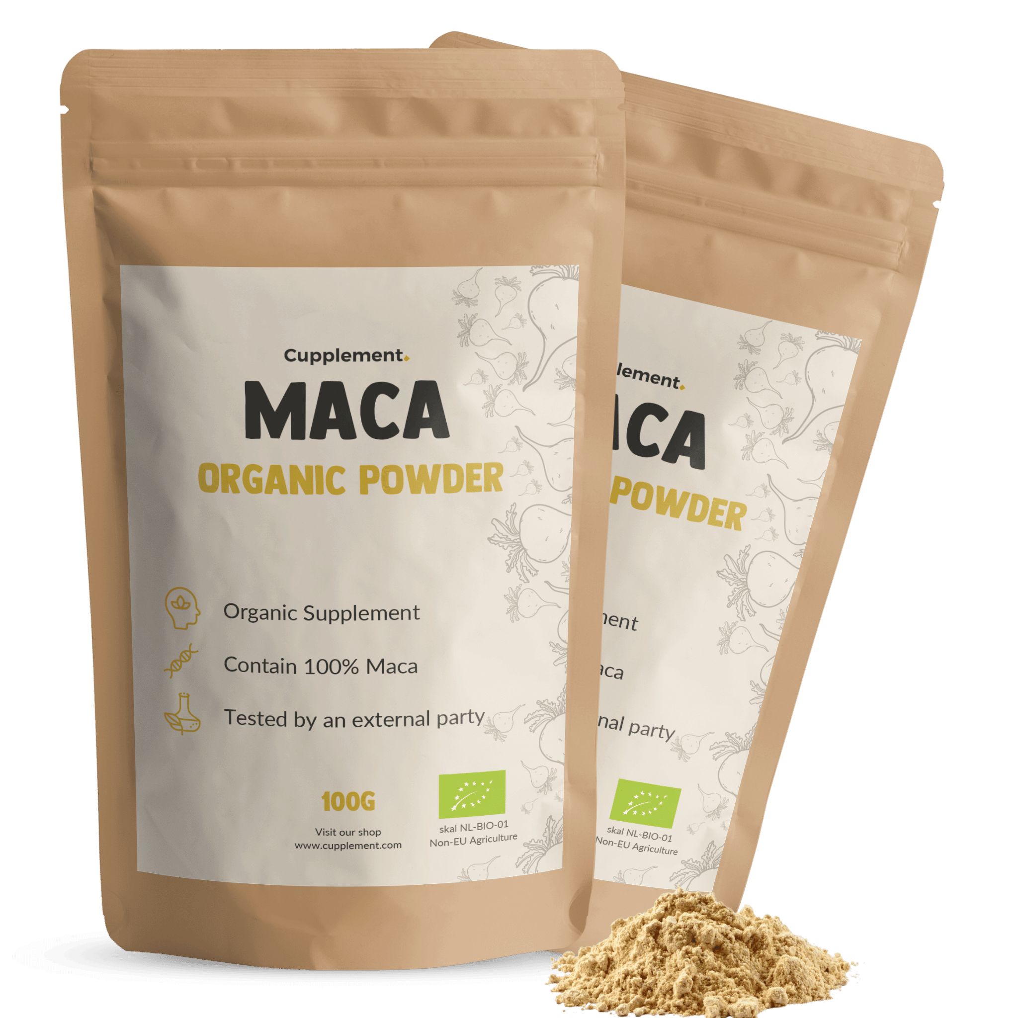 Deux sachets Cupplement Maca BIO. Sachets bruns avec étiquette blanche. Texte : Maca Organic Powder, 100g, EU-Bio.