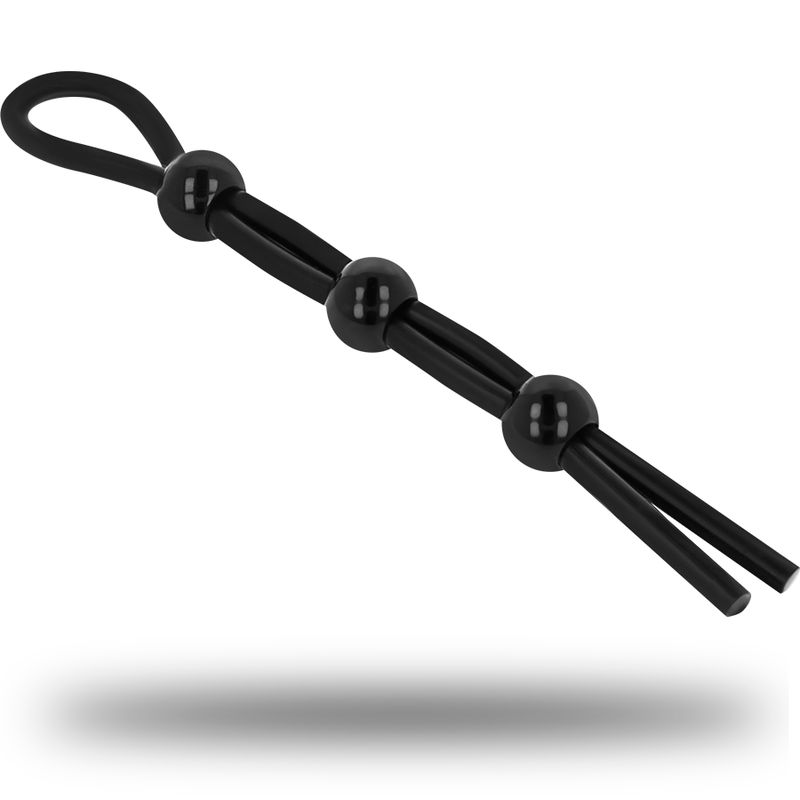 Zwarte ring met drie kralen op een flexibele band.