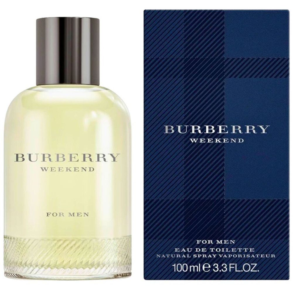 Burberry Weekend Eau de Toilette fles en verpakking. Fles met zilveren dop, rechthoekige verpakking met blauw ruitpatroon.