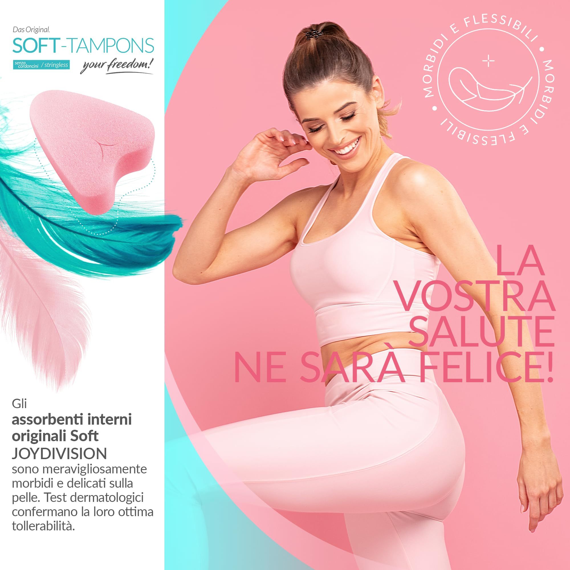 Boîte de Soft Tampons mini, 50 pièces. Un tampon est rose et en forme de cœur.
