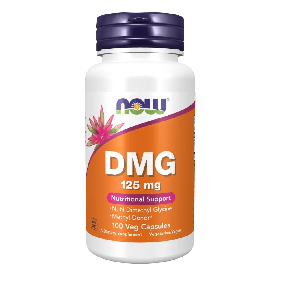 Flacon blanc avec bouchon violet. Inscription DMG 125 mg, Nutritional Support. Contient 100 Veg Capsules. Marque : NOW.