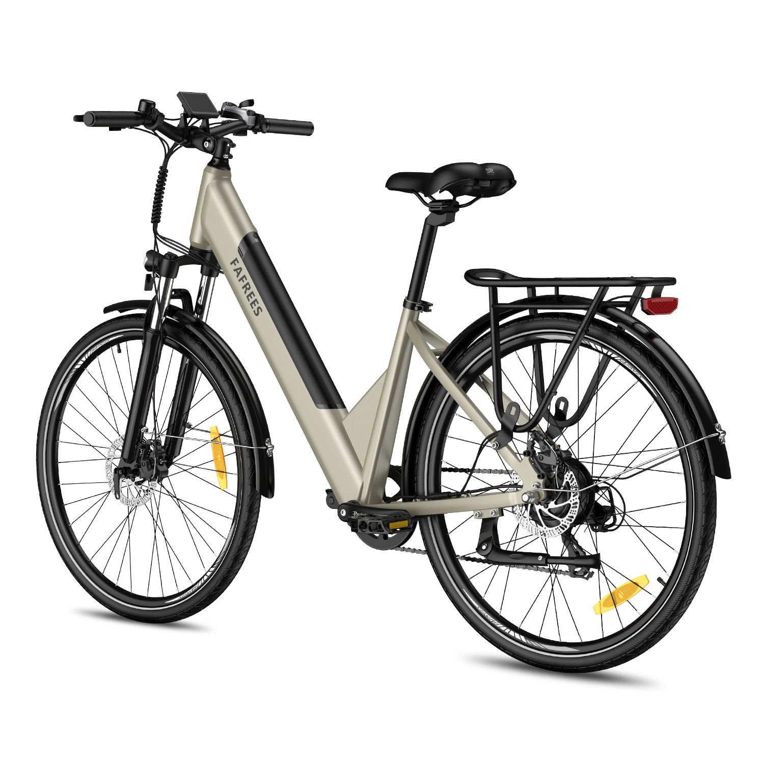 Vélo électrique Fafrees F28 Pro beige, détails noirs. Porte-bagages, garde-boue, pneus CST. Marque visible.
