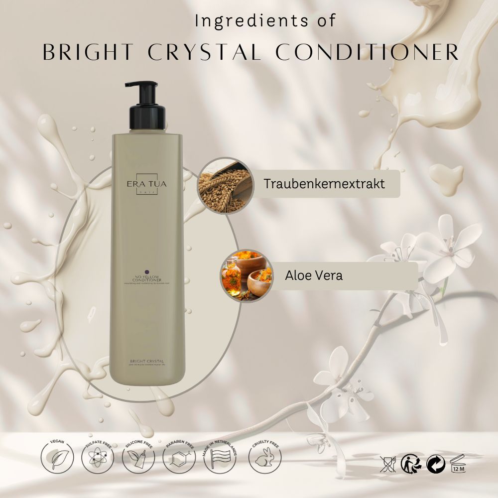 Flacon beige avec pompe noire. Inscription "ERA TUA". Texte : "Bright Crystal Conditioner". Illustration d'extrait de pépins de raisin et d'aloe vera.